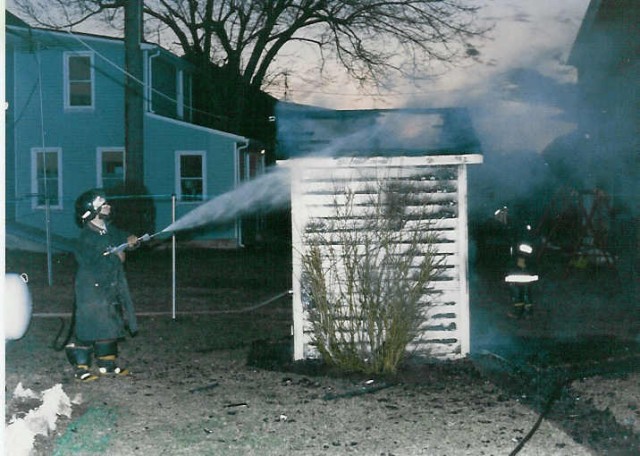 Converted outhouse fire on Route 340 in White Horse... 3/21/88. Note the use of the High Pressure Pump Hose Line.